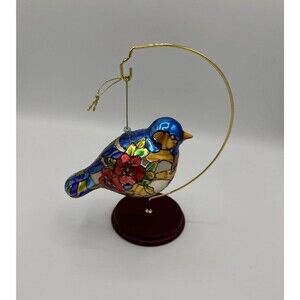 Vintage Blown Glass Bird Ornament With Stained Glass Style